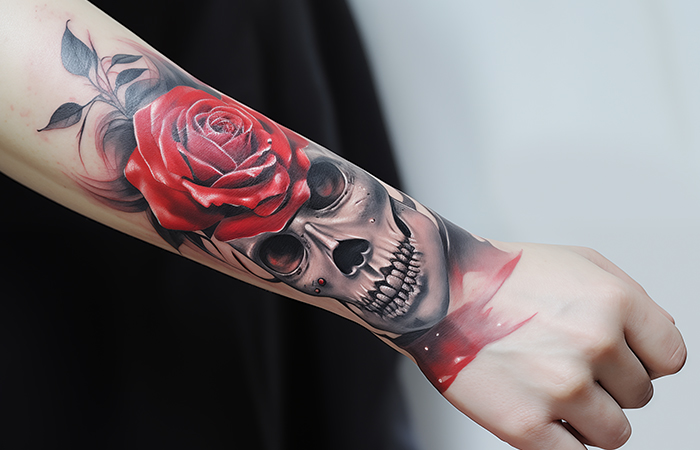 A red rose and a spectral skull tattoo on the forearm