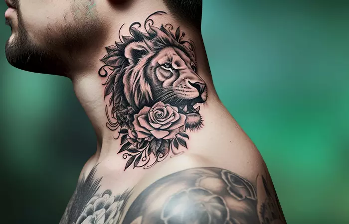 A rose neck tattoo framing the face of a lion