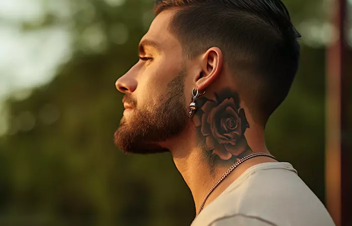 A rose neck tattoo with heavy shadow work