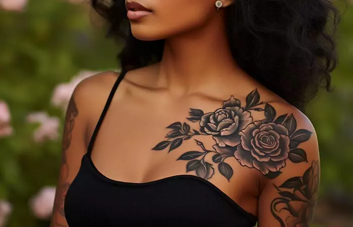 A realistic retro black rose tattoo on the shoulder