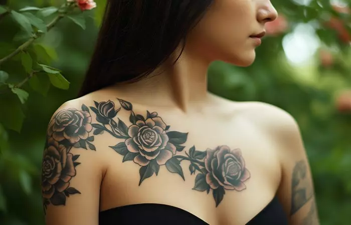 A traditional ornamental black rose tattoo on the shoulder