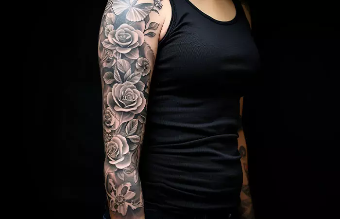 A traditional retro black rose sleeve tattoo