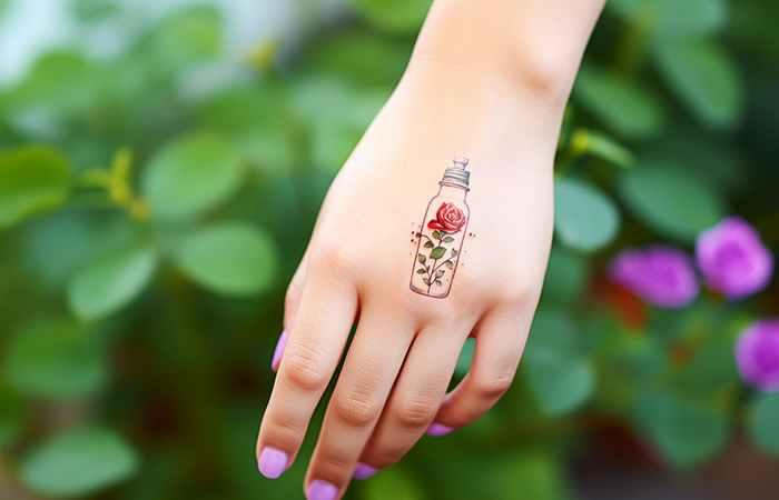 A rose in a bottle tattoo on the back of the hand
