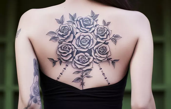 Chicano-style bunch of roses tattooed on the spine