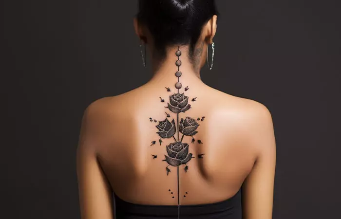 An ornamental dark art symmetry spine tattoo