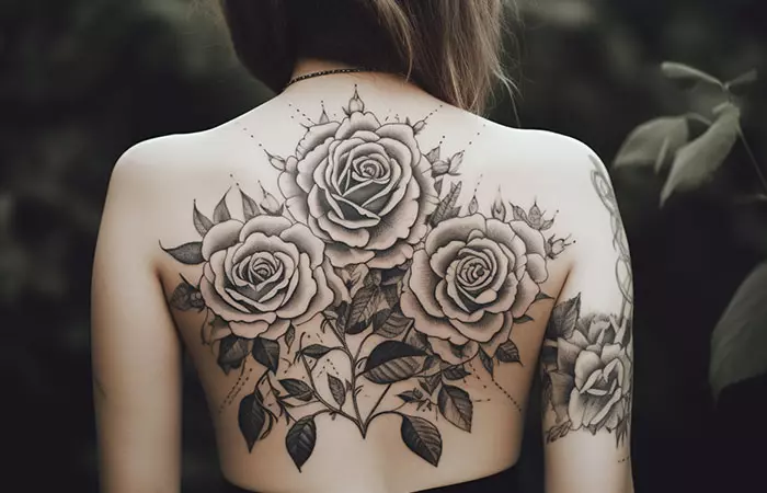 Climbing black roses tattoo across the spine and back