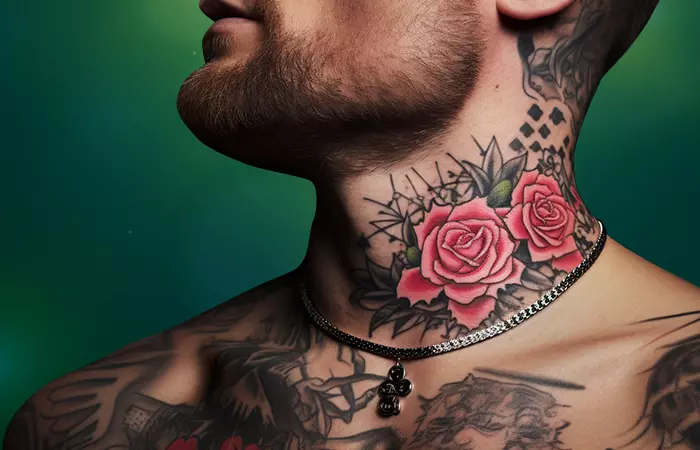 A rose neck tattoo with edgy motifs