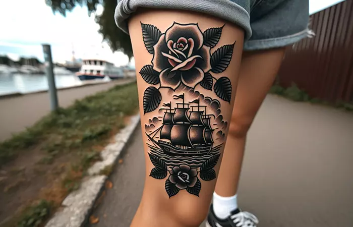 A realistic ship and rose black and gray tattoo on a woman’s thigh