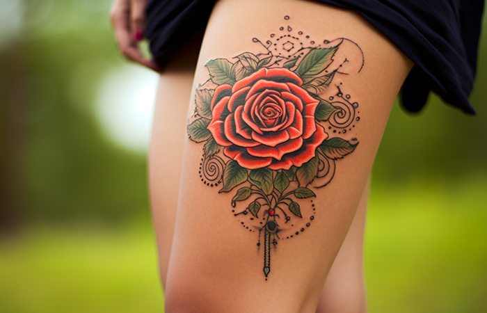 A red rose thigh tattoo with tribal elements