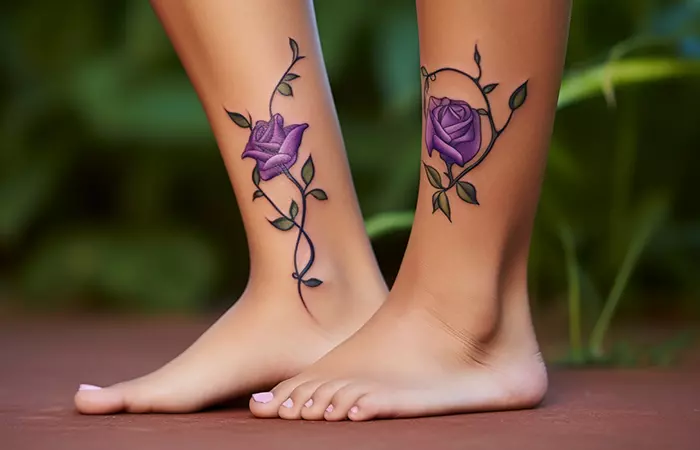 Twin purple rose tattoos with vines above the ankles