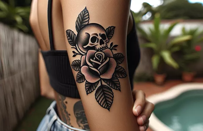 A neo traditional black tattoo of Mother Mary with roses
