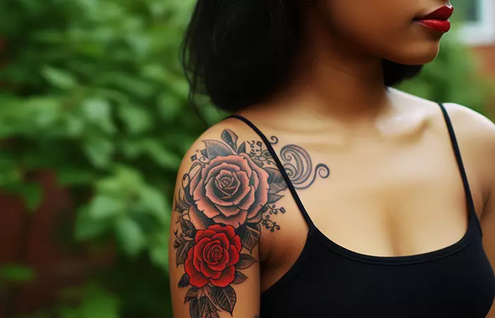 A red rose epaulet tattoo over the shoulder