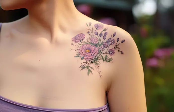Vintage style purple rose and wildflower bouquet tattoo near collar bone