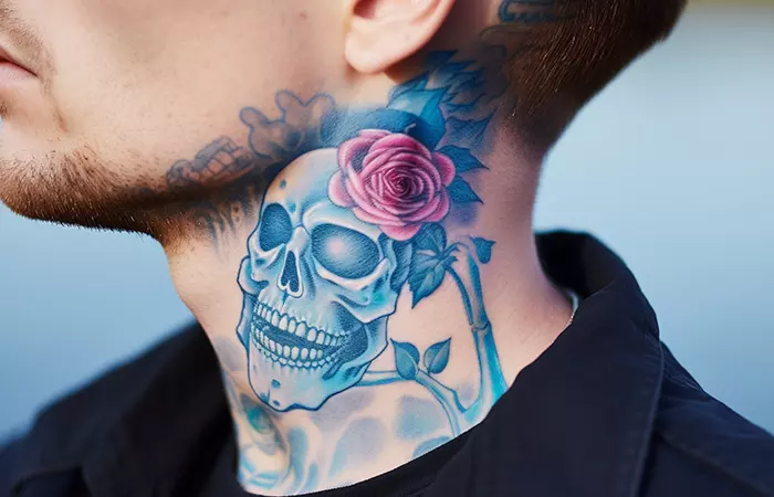  An ink-washed skull and rose tattoo