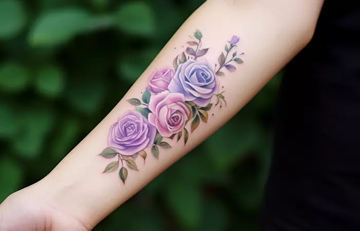 Watercolor purple and pink rose tattoo on forearm