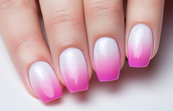 White to pink ombré nails.