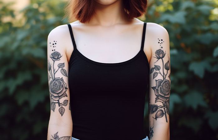 Black roses tattooed on a woman’s upper arms