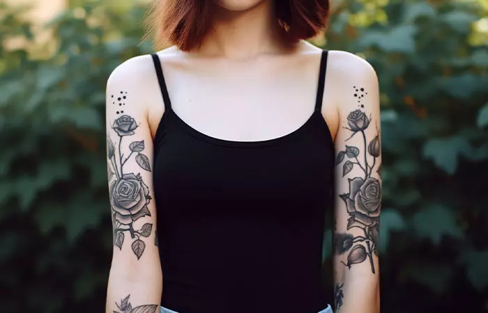 Black roses tattooed on a woman’s upper arms