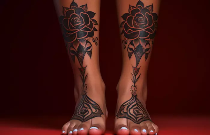 An ornament style black rose tattoo with bold lines on a woman’s feet