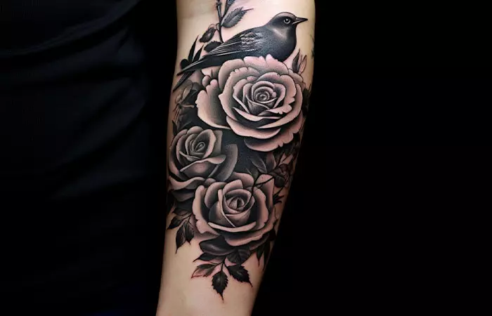 A nature inspired black rose tattoo with a sparrow