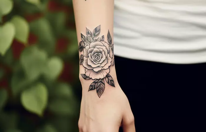 A black rose tattoo on the side of the wrist