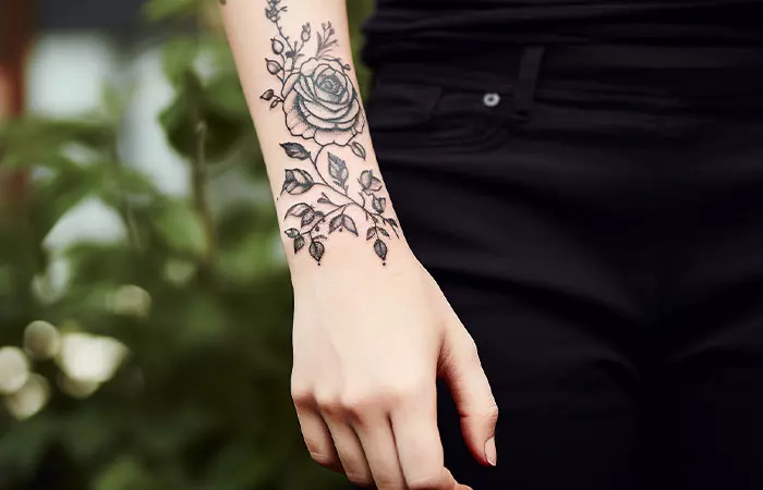 A black rose tattoo branching out from the inner side of the wrist