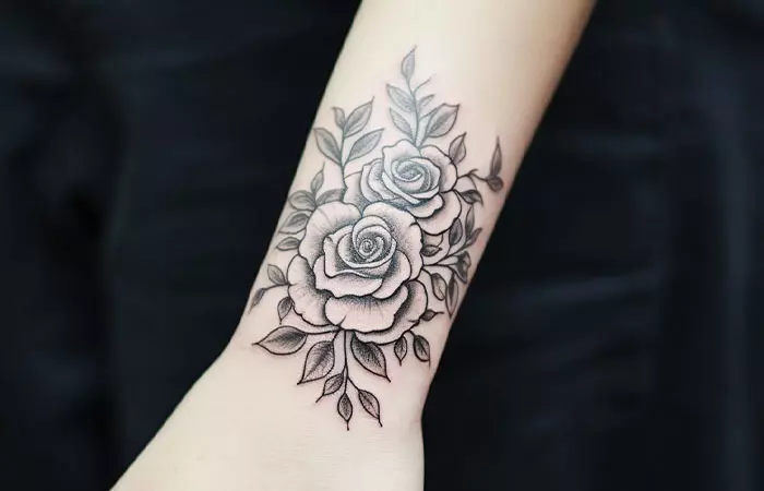Black rose tattoo on the back of the wrist