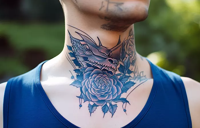 A dragon and rose neck tattoo