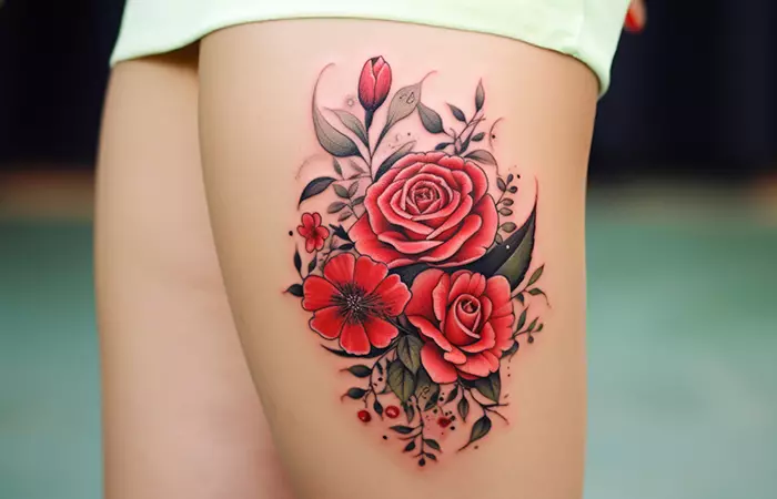 A thigh tattoo of red roses with other red flowers