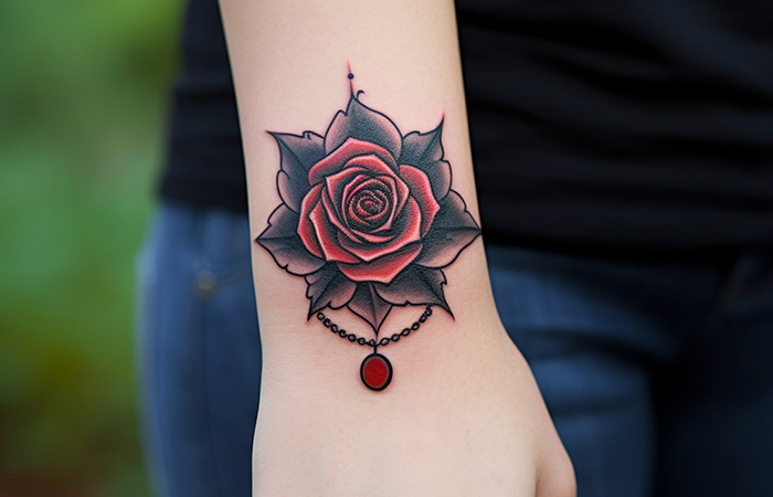 A dark red rose ornamental tattoo on the wrist