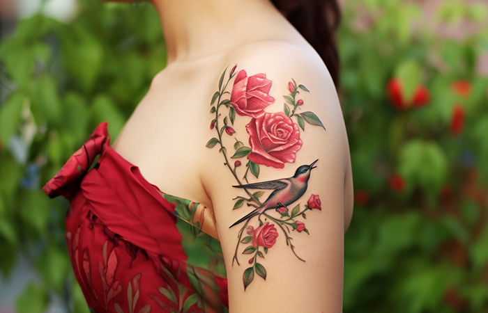 A shoulder tattoo depicting a hummingbird perched on the branch of a red rose plant