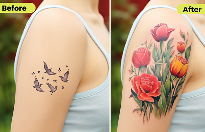 A realistic mix of flower field cover-up tattoos on the upper arm