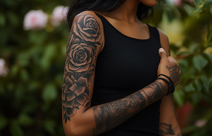 Dark art rose tattoos on upper arm of tattoo sleeve