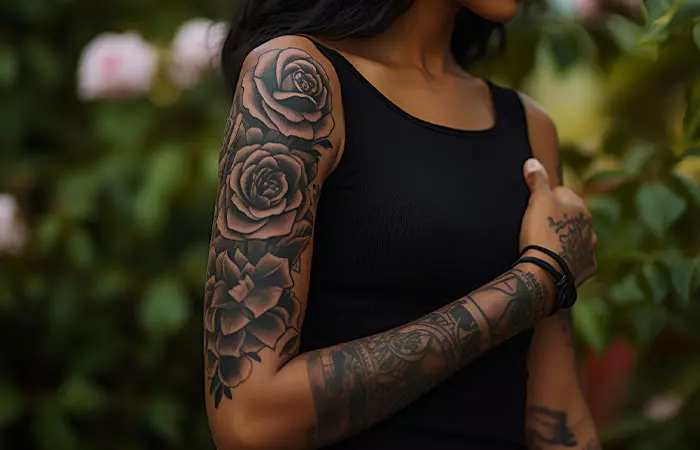 Dark art rose tattoos on upper arm of tattoo sleeve