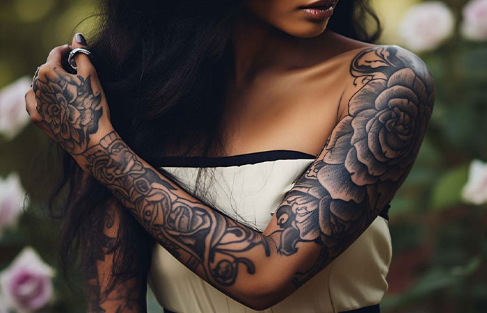 Black Sleeve Roses  Black art tattoo, Black tattoo cover up, Black sleeve  tattoo