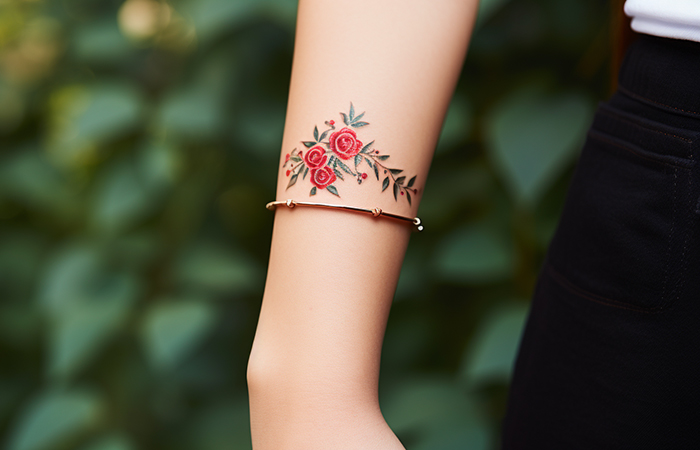 A miniature red rose tattoo resembling a bracelet