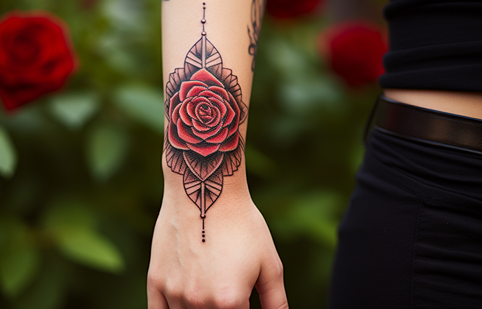 A celestial mandala red rose tattoo on the wrist