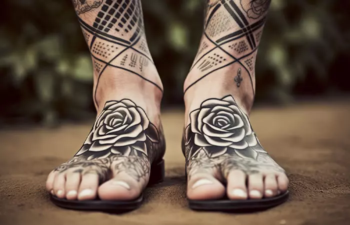 Geometric tribal style black bourbon rose tattoo design on a man’s feet