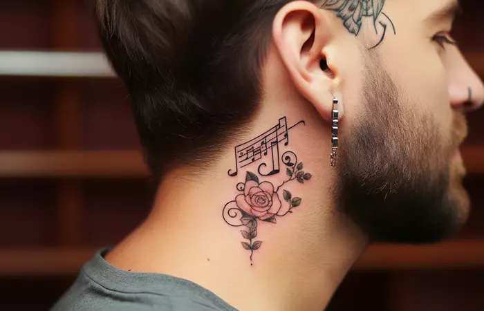 A rose neck tattoo with musical notes