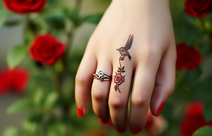 A finger tattoo of a bird carrying a red rose