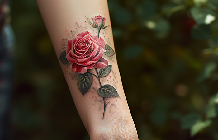 A realistic red rose motif tattoo on the wrist