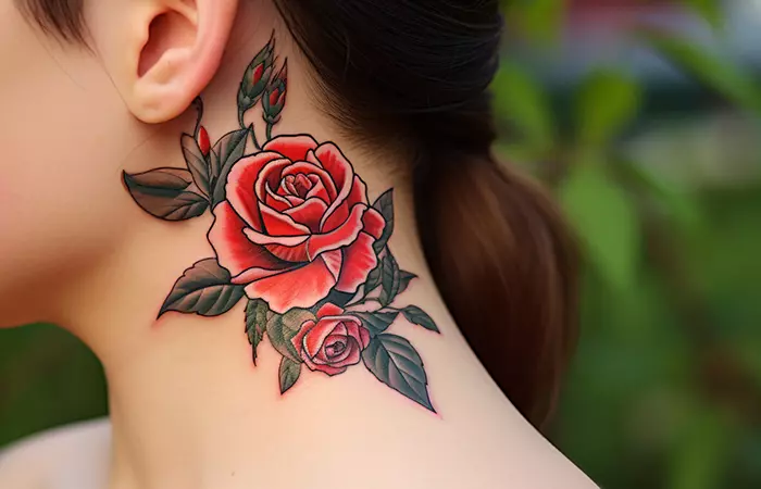  A garden red rose tattoo behind the ear