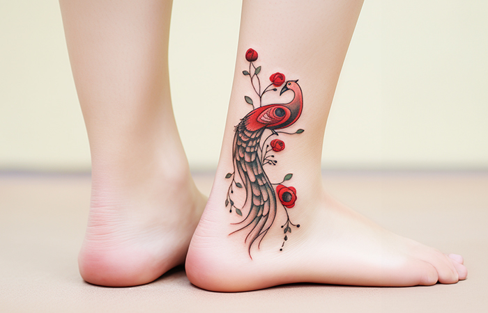 A peacock and red rose tattoo on the feet