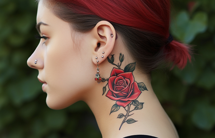 A tattoo of a red rose and its vines
