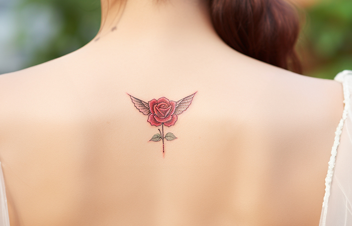 A red rose with a pair of angel wings tattooed on the spine
