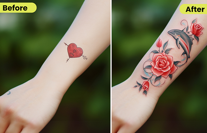 A red rose and animal cover-up tattoo design on the forearm
