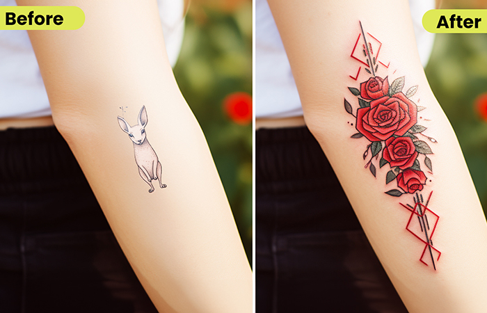 A red rose tribal cross cover-up tattoo