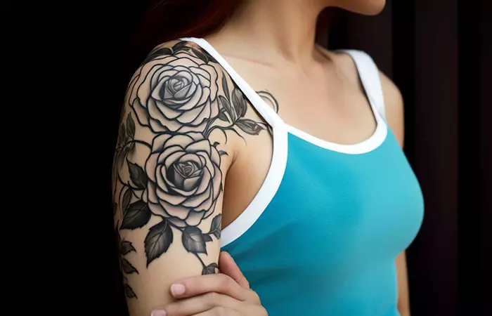 A neo-traditional black rose tattoo with thick outlines