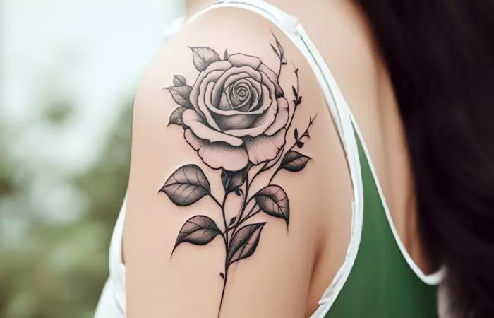 A basic landscape black rose tattoo on shoulder
