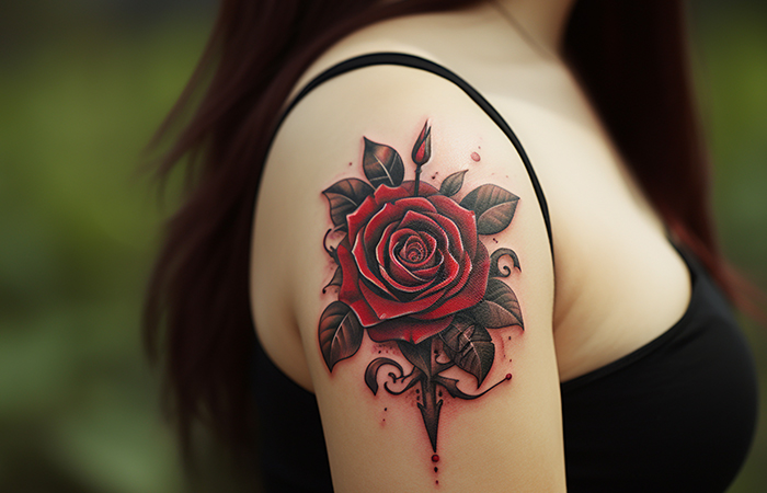 A red rose tattoo on the shoulder